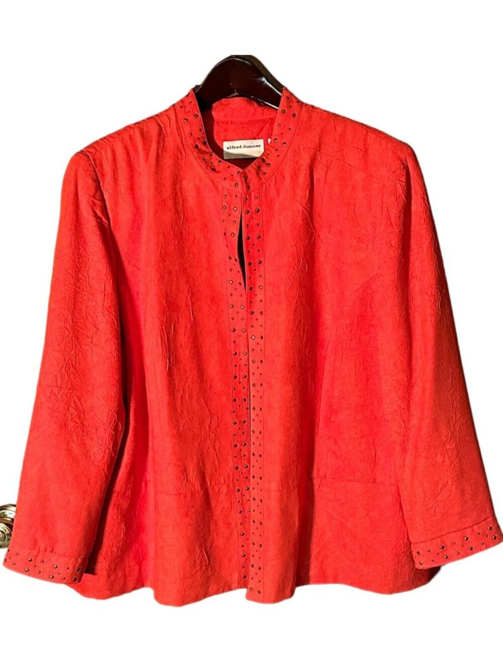 Alfred Dunner Womens Red Mandarin Collar Jacket With Studded Details Lightweight